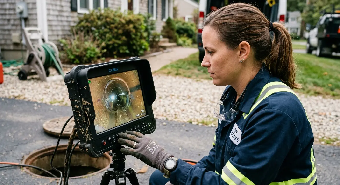 Technician reviewing sewer camera inspection footage in Rittman