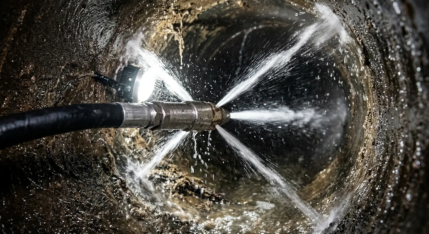 High-pressure hydro jetting nozzle cleaning sewer pipe for Emergency Drain Service in Rittman