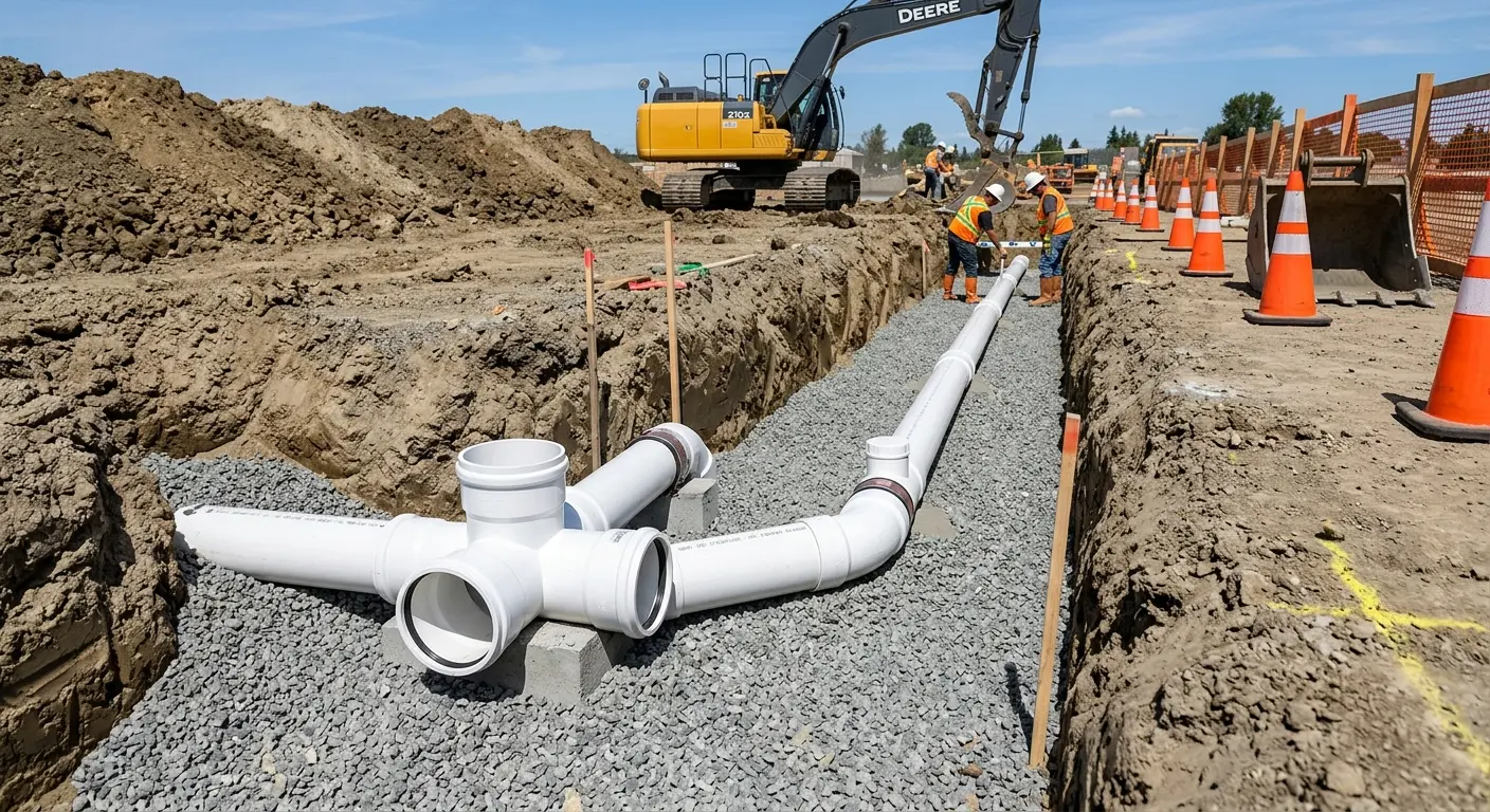 New PVC sewer pipe installation in open trench for Commercial Drain Cleaning in Rittman